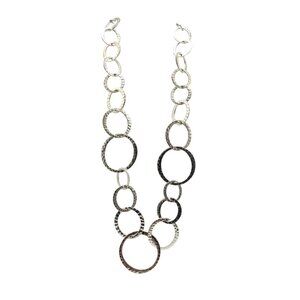 Hammered Silver-Tone Circle Link Necklace Adjustable 26"-28" Chain For Women